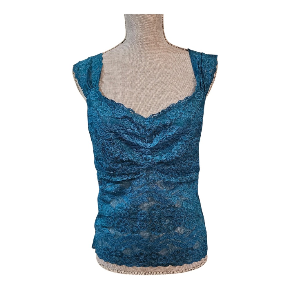 Teal Floral Lace Ruched Sweetheart Tank‎ Top L Y2K Whimsigoth Romantic Layering